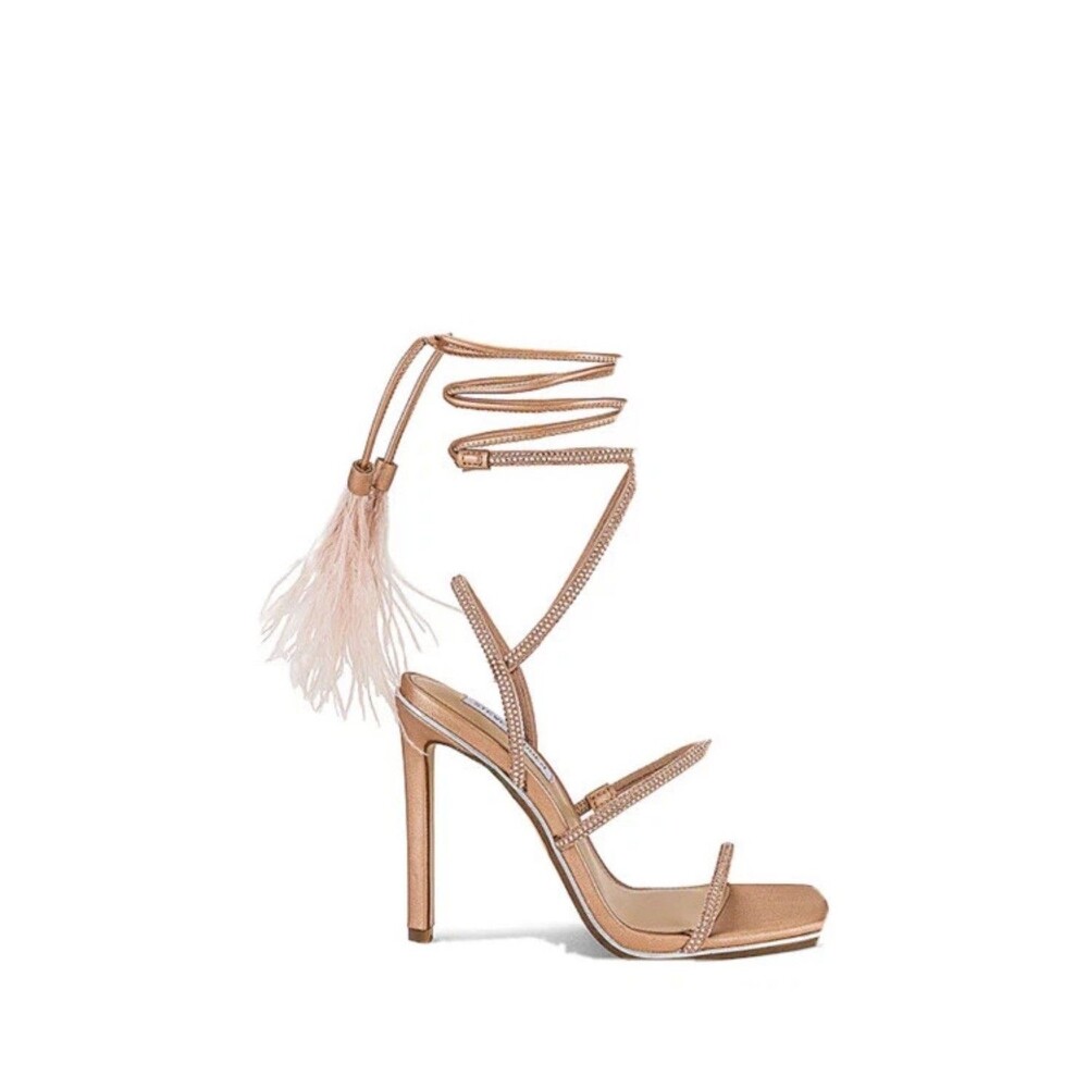 Steve Madden Upgrade Heeled Sandal with feathers, Women's Size 9M, Color : Blush